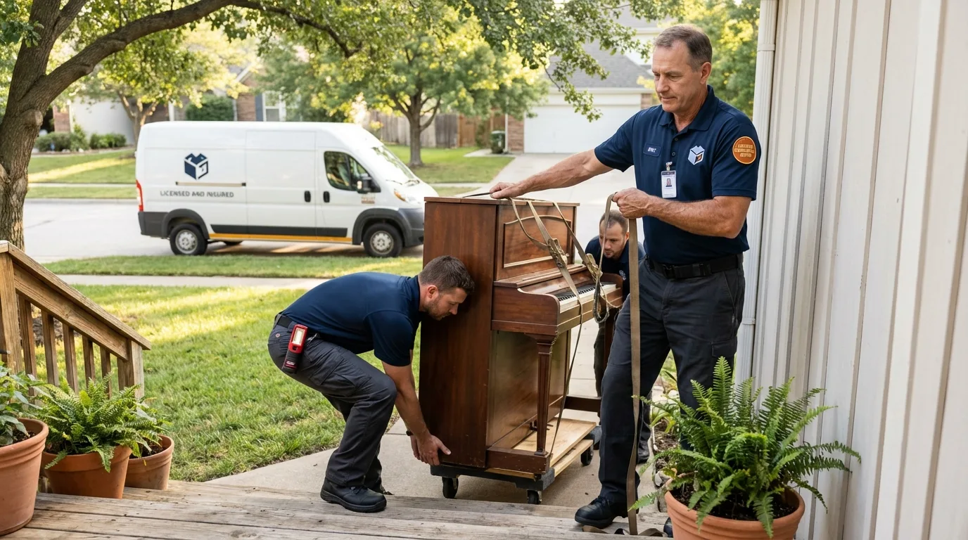 Licensed piano movers securing grand piano in Lincoln, MO