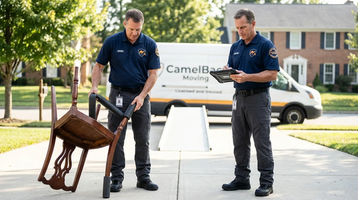 Movers inspecting furniture for damage prevention before loading in Lincoln, MO