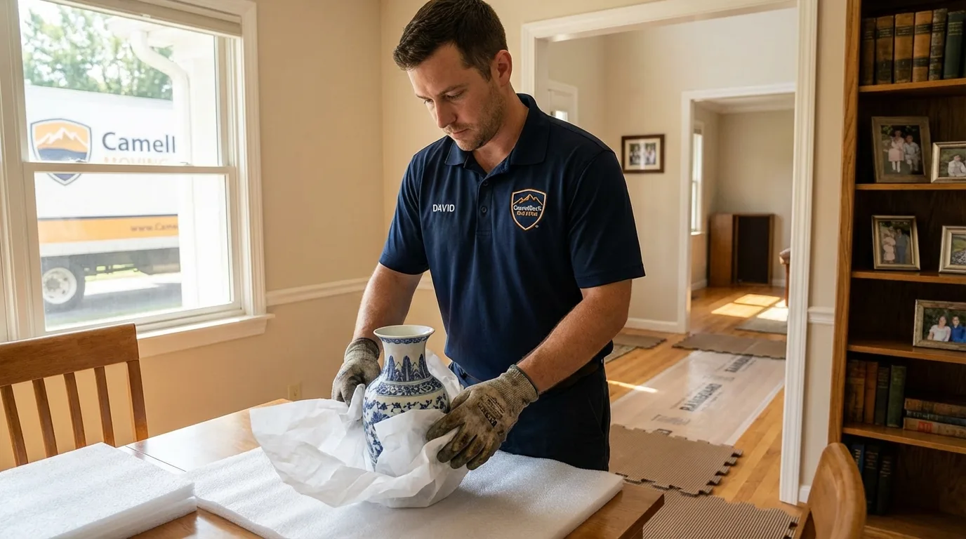 Professional crew carefully wrapping antique vase for senior downsizing move in Lincoln, MO
